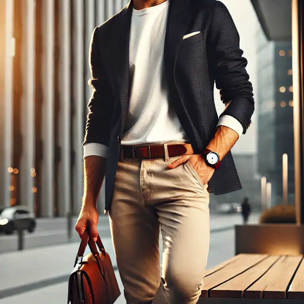 Stylish man in a smart-casual outfit featuring a white t-shirt tucked into beige chinos, paired with a navy blazer, brown loafers, and minimalist accessories in an urban setting. heaven wear fashion