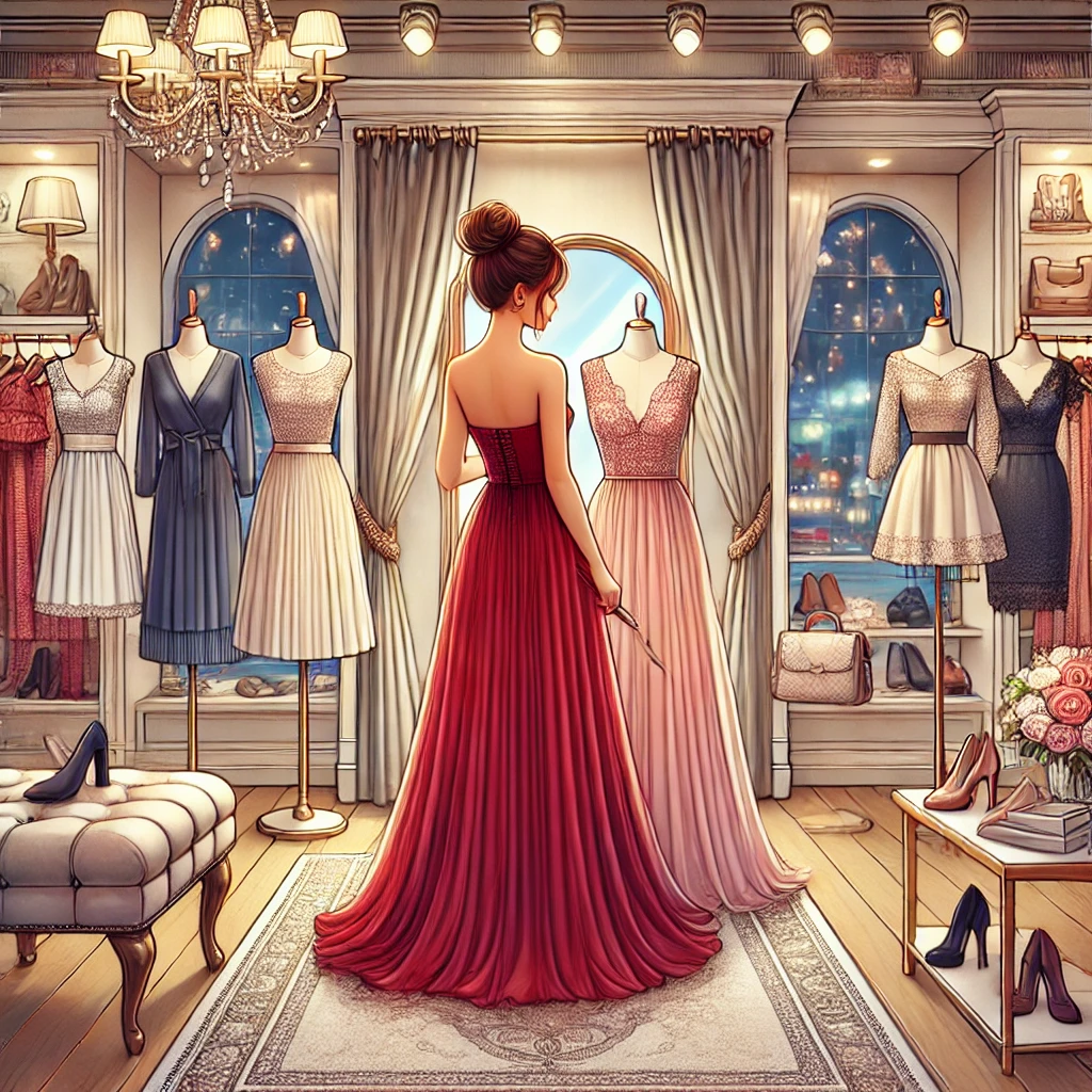 A digital illustration of a woman in a boutique choosing between two dresses for a special occasion. She stands in front of a mirror holding a bold red gown in one hand and a pastel pink dress in the other. The boutique features elegant racks of dresses, warm lighting, and a plush carpet. Accessories like hats, shoes, and jewelry are displayed on nearby shelves, creating a vibrant and inviting atmosphere.