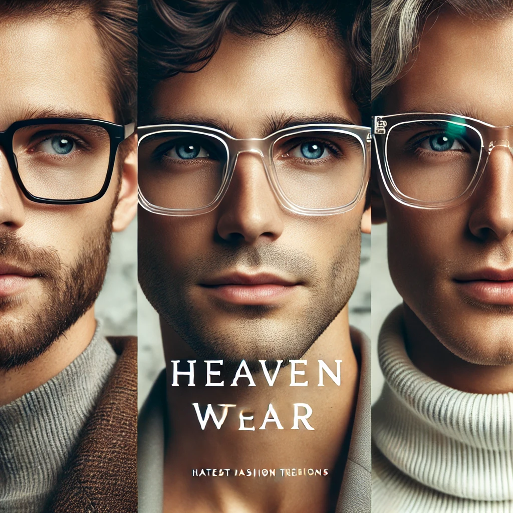 Three fashionable men wearing oversized, geometric, and transparent eyeglasses, showcasing the latest men's eyeglasses fashion trends 2025. The text 'Heaven Wear' is subtly integrated, emphasizing stylish and modern eyewear fashion.