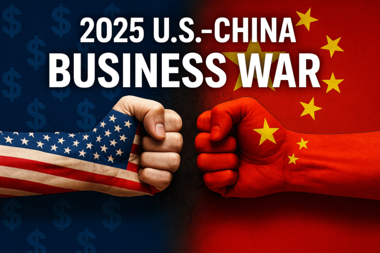 A digital graphic news thumbnail illustrating the 2025 US China business war 2025, featuring flags of China and the USA clashing over a globe, with symbols of trade, technology, and shipping.