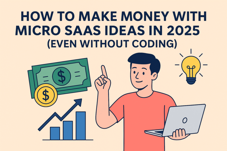 Illustration showing Micro SaaS ideas 2025—young man with laptop, lightbulb, and money icons representing how to make money with Micro SaaS.