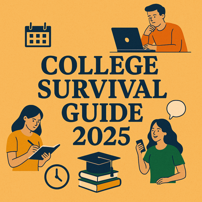 A high-resolution digital illustration features bold navy blue text reading "College Survival Guide 2025" on an orange background, surrounded by icons of students studying, working on laptops, and holding phones, symbolizing balance in study, work, and social life.