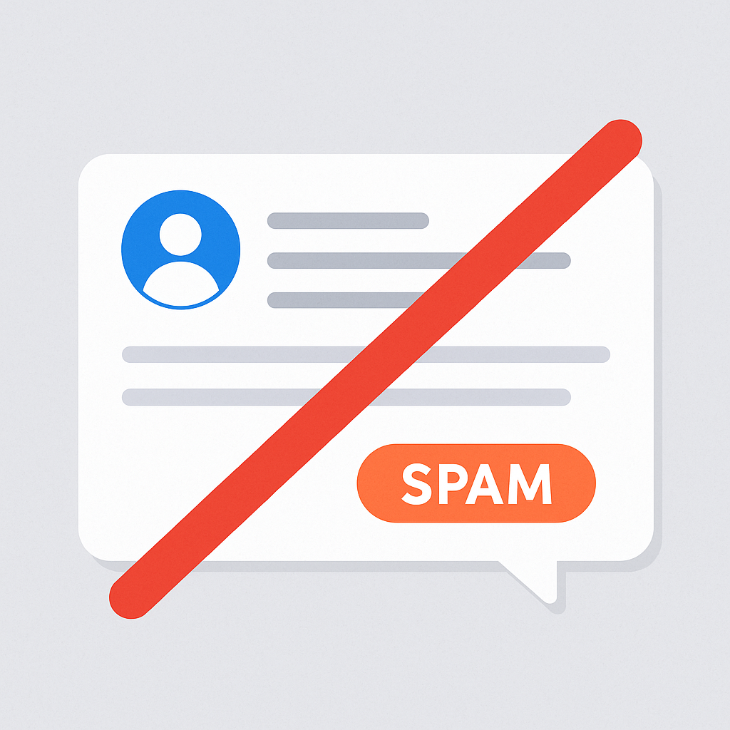 A 2D digital illustration of a spam comment box with a blue user icon and gray text lines, labeled "SPAM" in an orange bubble, crossed out by a bold red diagonal line, symbolizing the blocking or removal of spam comments.